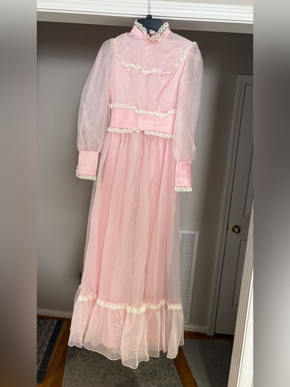 Vintage Pink Prairie Maxi Dress Lace Puff Sleeve Victorian Cottagecore XS-S